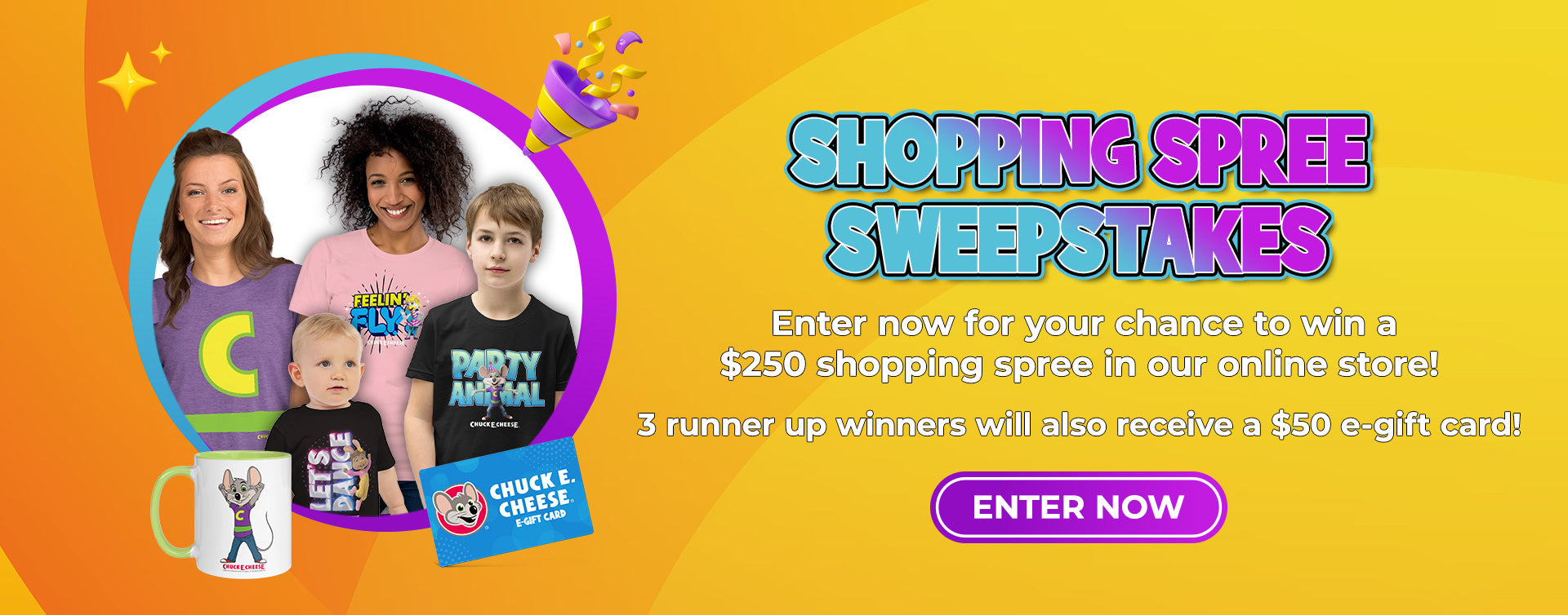 Promotional banner for a shopping spree sweepstakes with a family photo and colorful design.