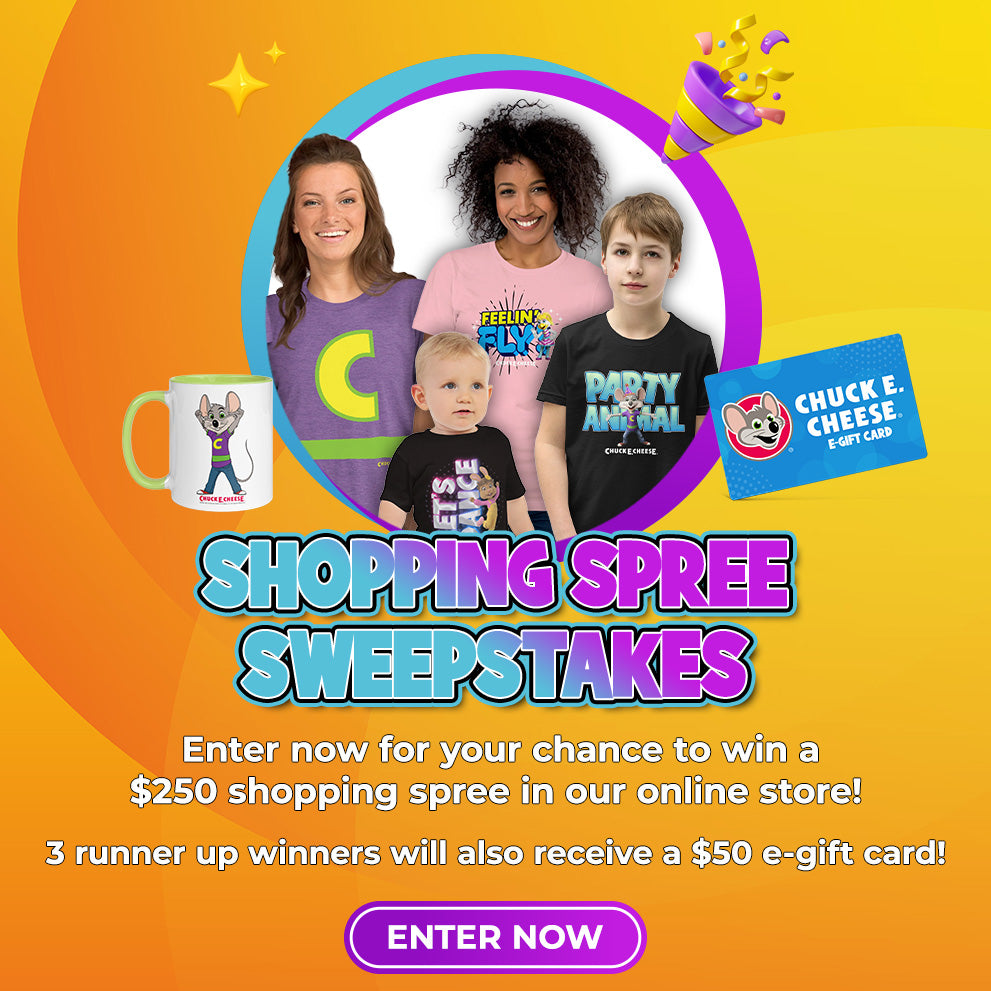 Promotional image for a 'Shopping Spree Sweepstakes' with children and branded items on a colorful background.