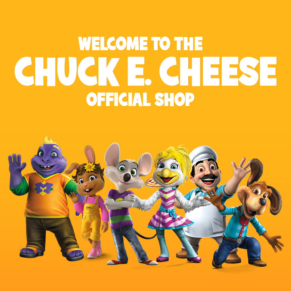 Promotional graphic for Chuck E. Cheese with cartoon characters on a yellow background