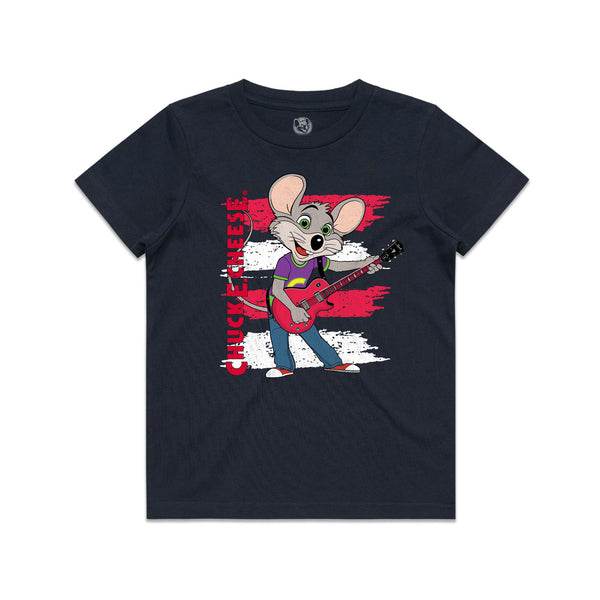 Navy t-shirt with Chuck E. Cheese playing the electric guitar